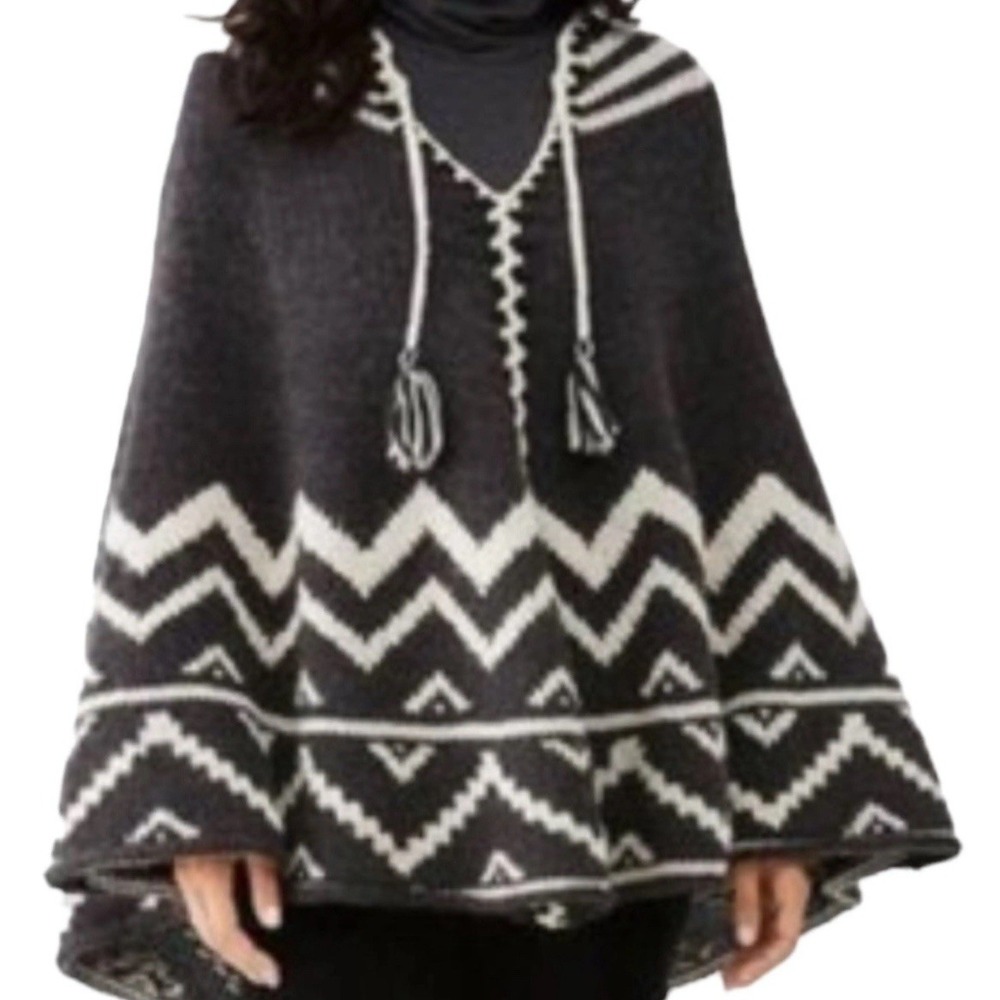 J. Jill Black & White Knit Poncho V-neck w/ Tassel Ties & Geometric Patterns NWT